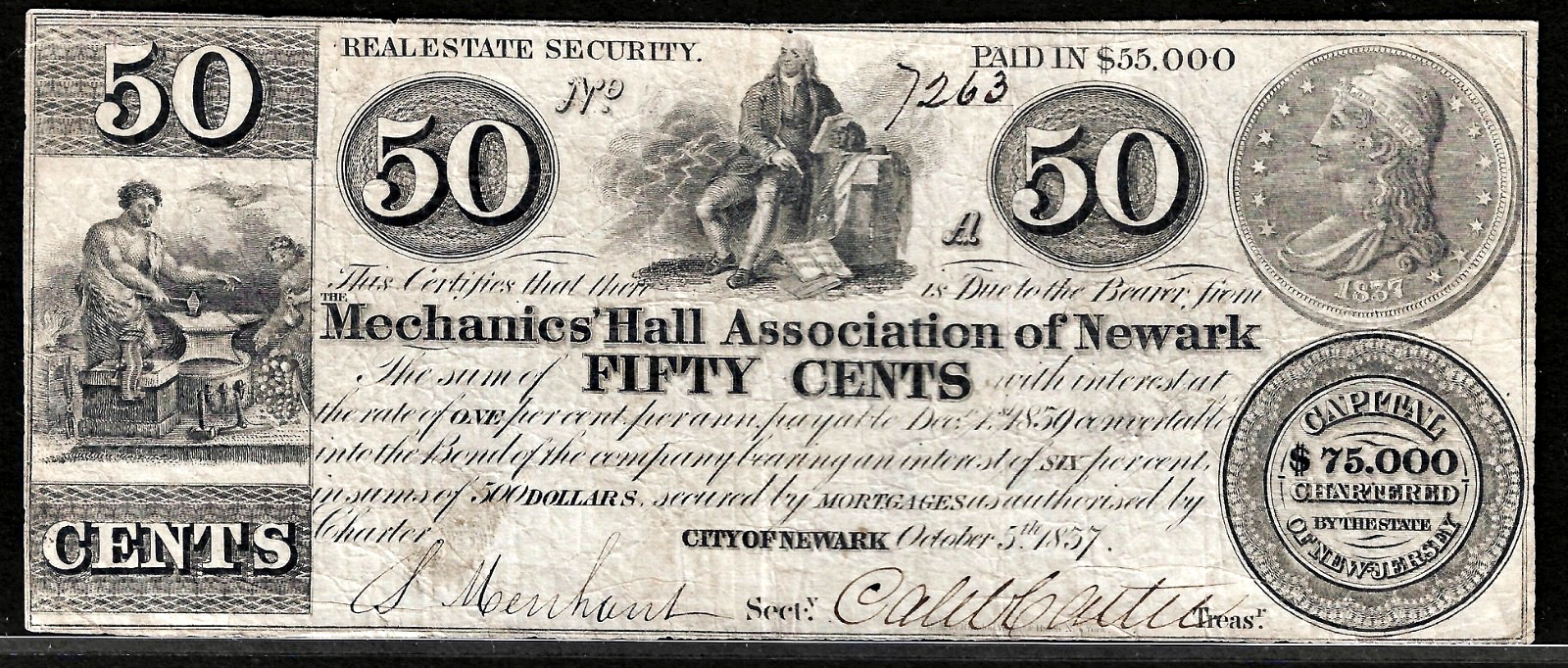 Oct 5, 1837 New Jersey Mechanics Hall City Of Newark 50¢ Cents Obsolete Note