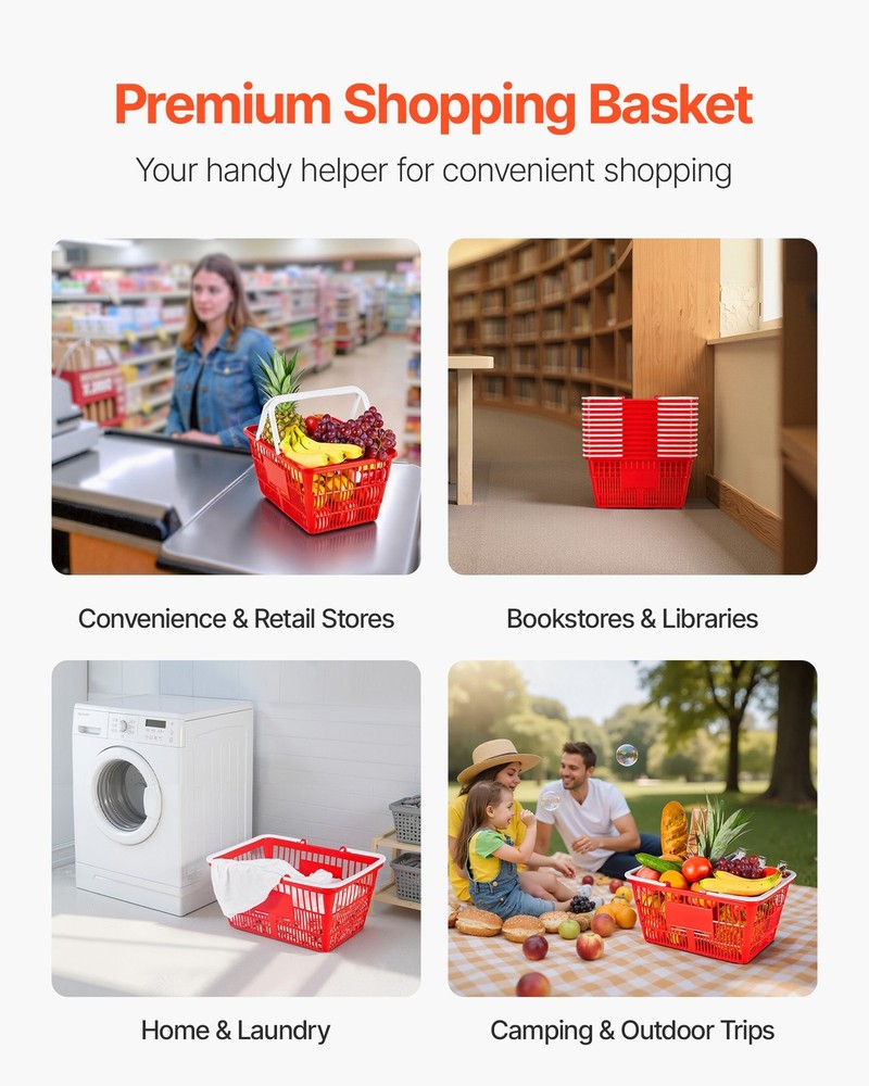 Shopping Baskets, 12 PCS, 21L Stackable PE Plastic Grocery Baskets with Handles,