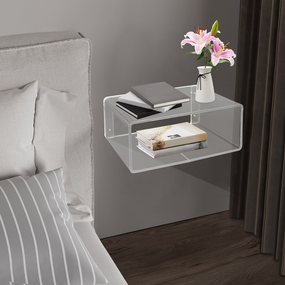 2Tiers Clear Acrylic Wall-Mounted Bedside Table Rectangular Floating Nightstand