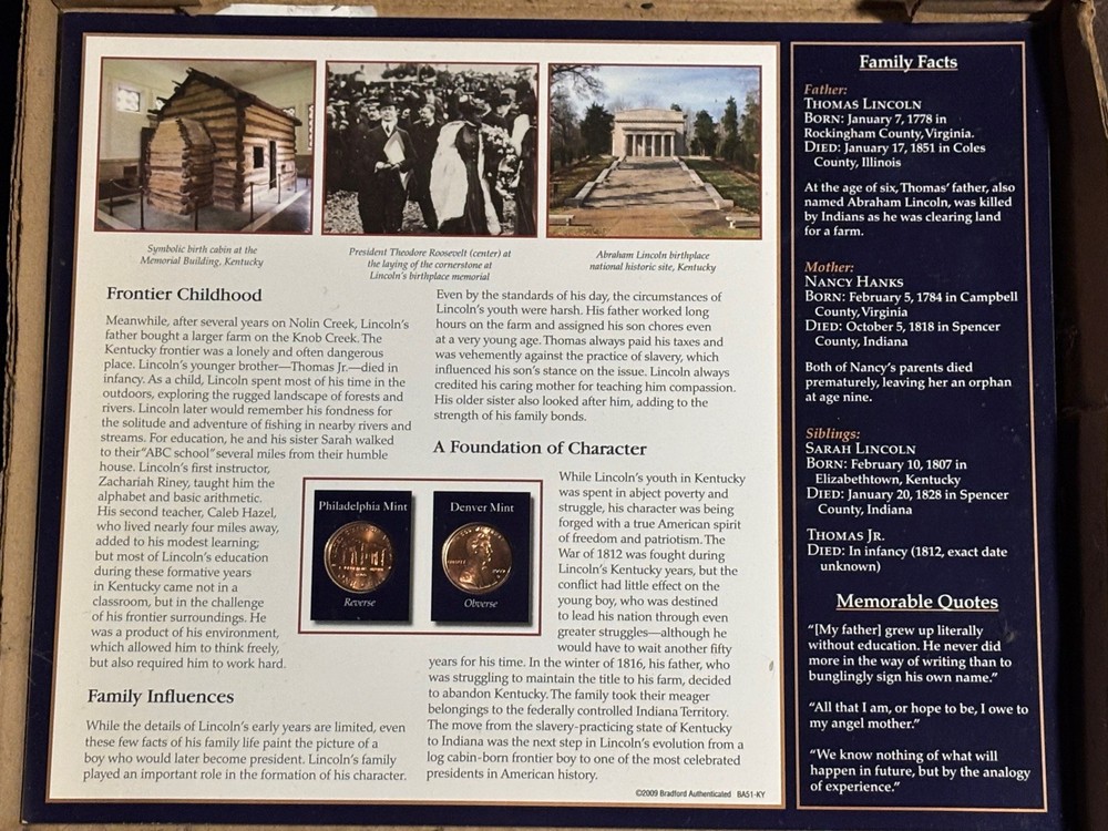 2009 Lincoln Cent | Copper Cent | Bradford Authenticated Panel 2