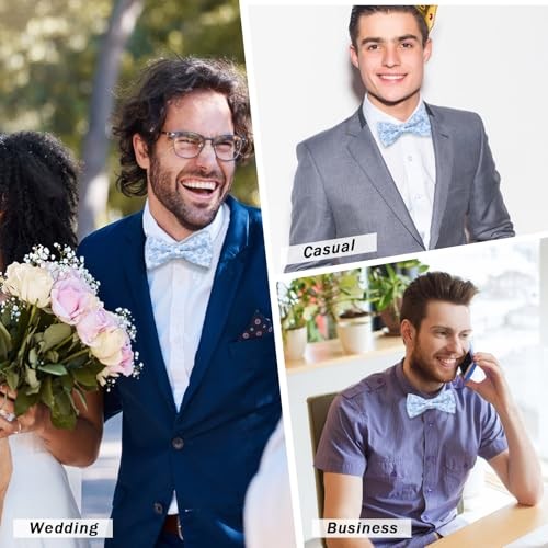 Pre-tied Floral Bow Ties for Men Adjustable Flower Pattern Satin Blue,white