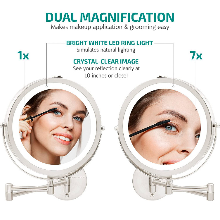 Makeup Mirror Lighted Wall Mount Adjustable Double Sided Round LED Folding Arm