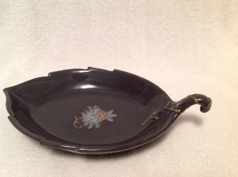 Stoneware Serving Dish Smokey Grey Leaf Design Brand New Stem Handle By Amscam