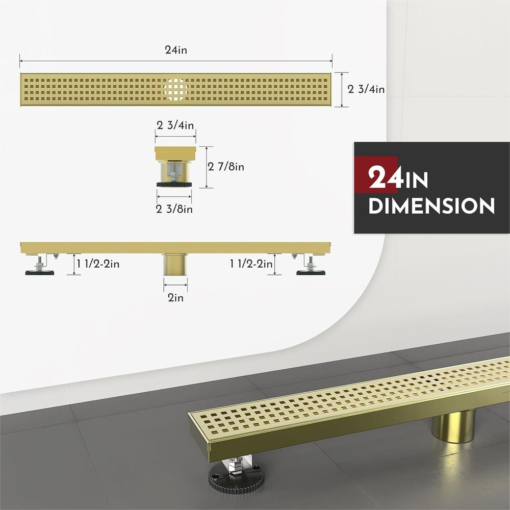 24" Linear Shower Drain, Gold Rectangular Floor Drain with accessories
