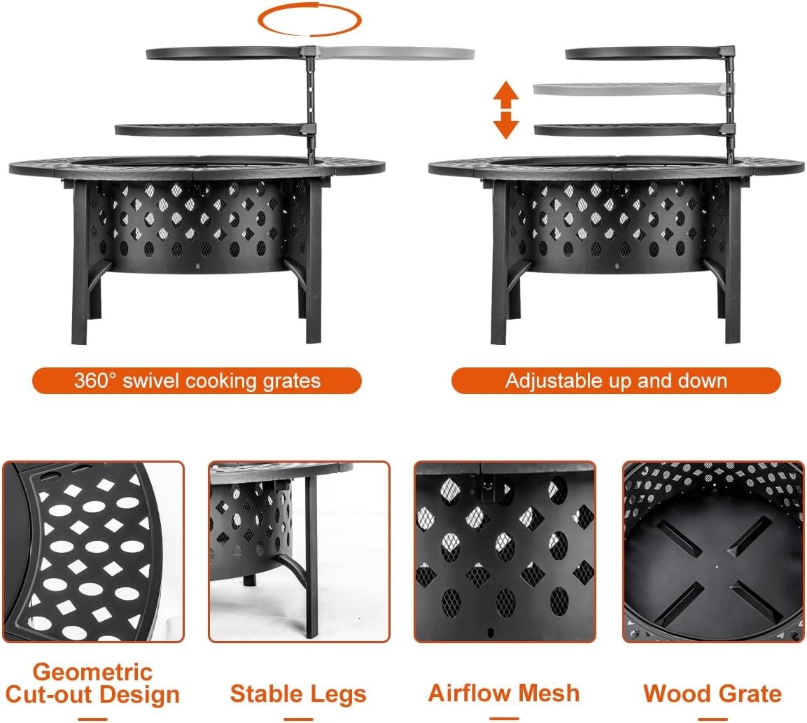 36 Inch Fire Pit with 2 Grills, Wood Burning Fire Pits for Outside with Lid