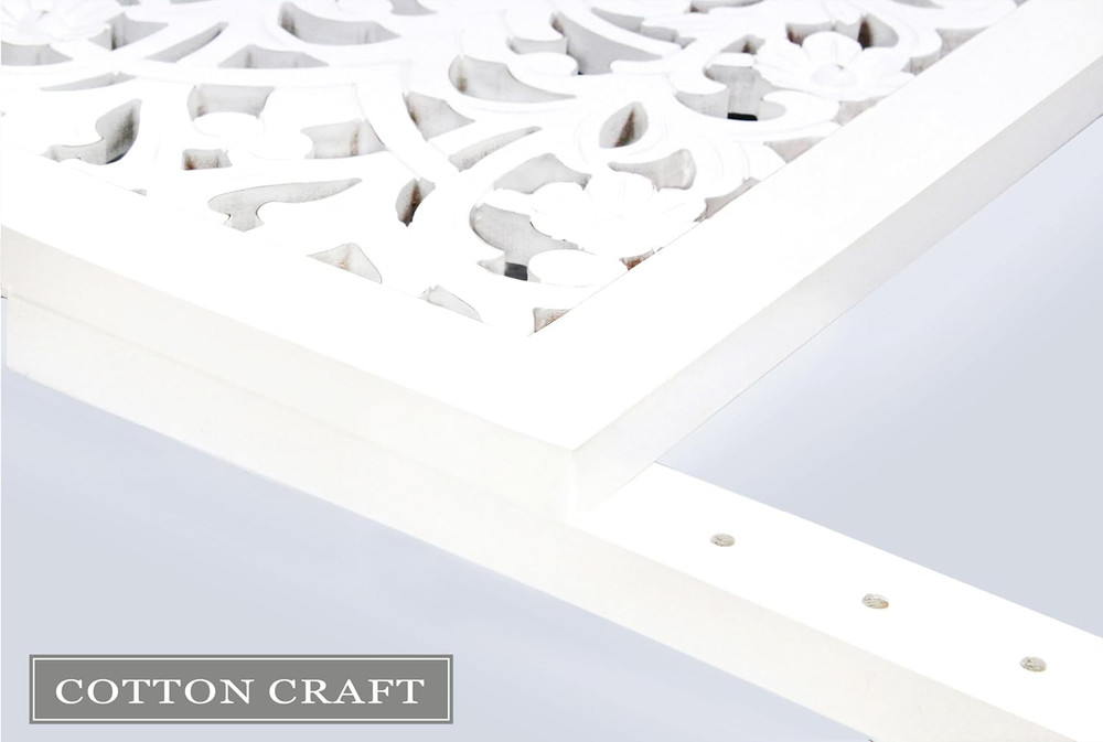 Rustic White Solid Wood Queen Headboard with Hand-Carved Design