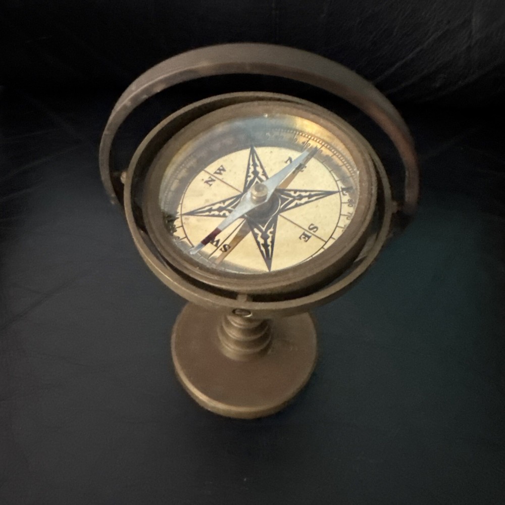 Vintage Solid Brass 7” Floating Gimbal Compass Nautical Decor