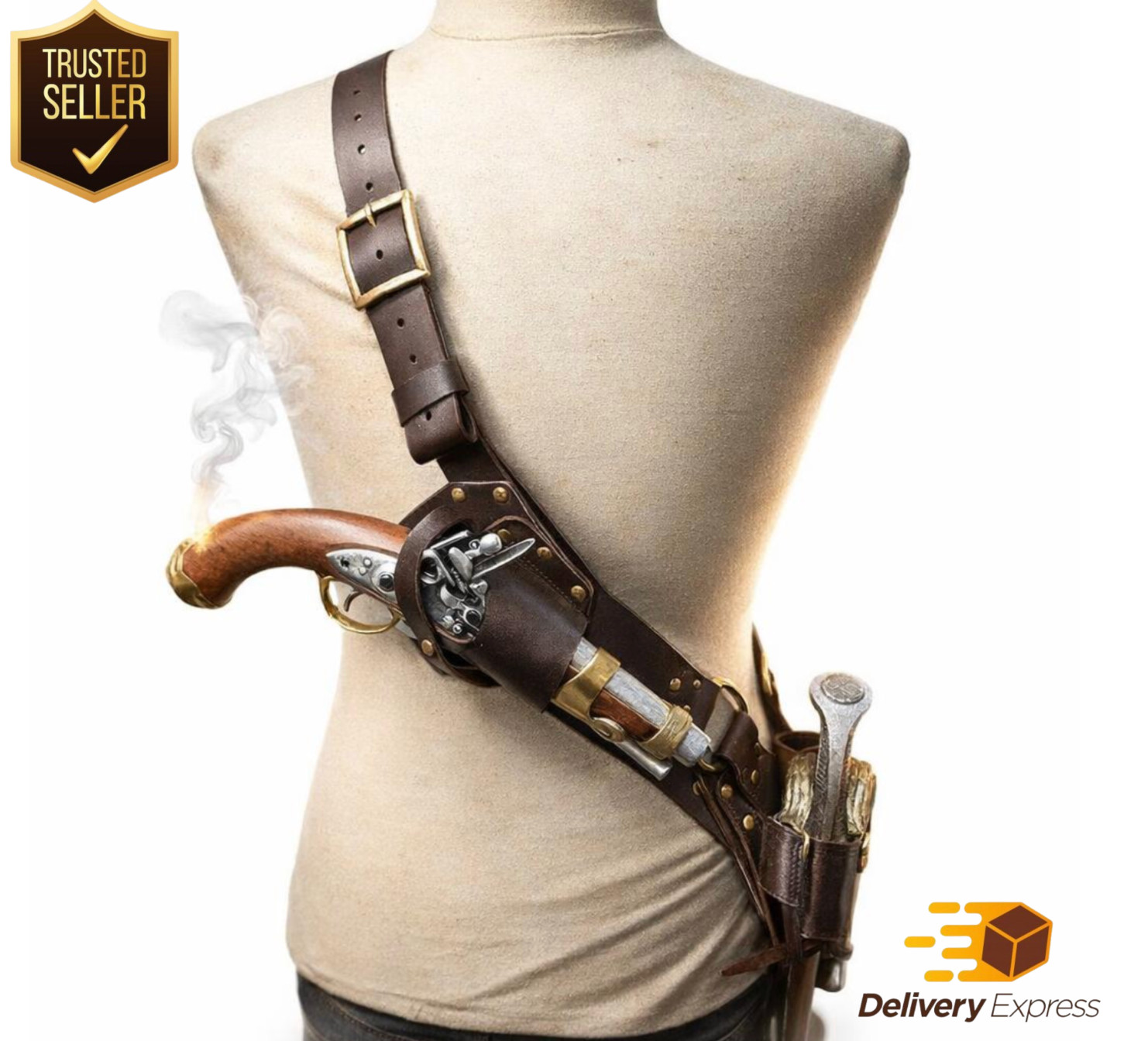 Pirate Leather Strap Costume Baldric Gun Sword Holster Flintlock Pistol Medieval