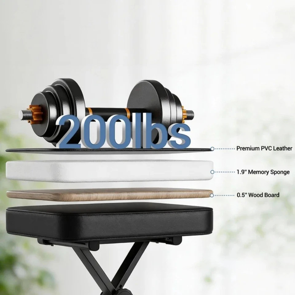 Folding Keyboard Stool with Thick Padded Seat, Non-Slip Feet, Black