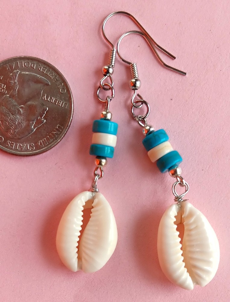 Blue Howlite COWRIE SHELL dangle earring SP Fish hook handcrafted #ACTA
