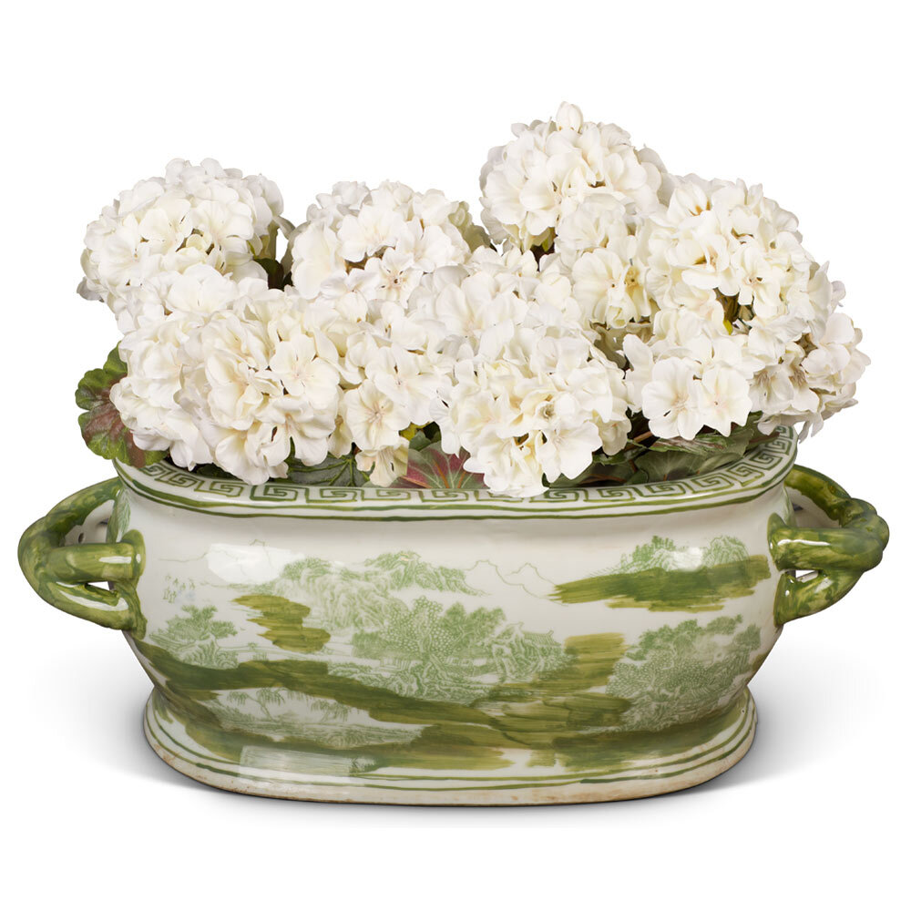 US SELLER - Green Scenery Motif Chinese Porcelain Footbath Planter
