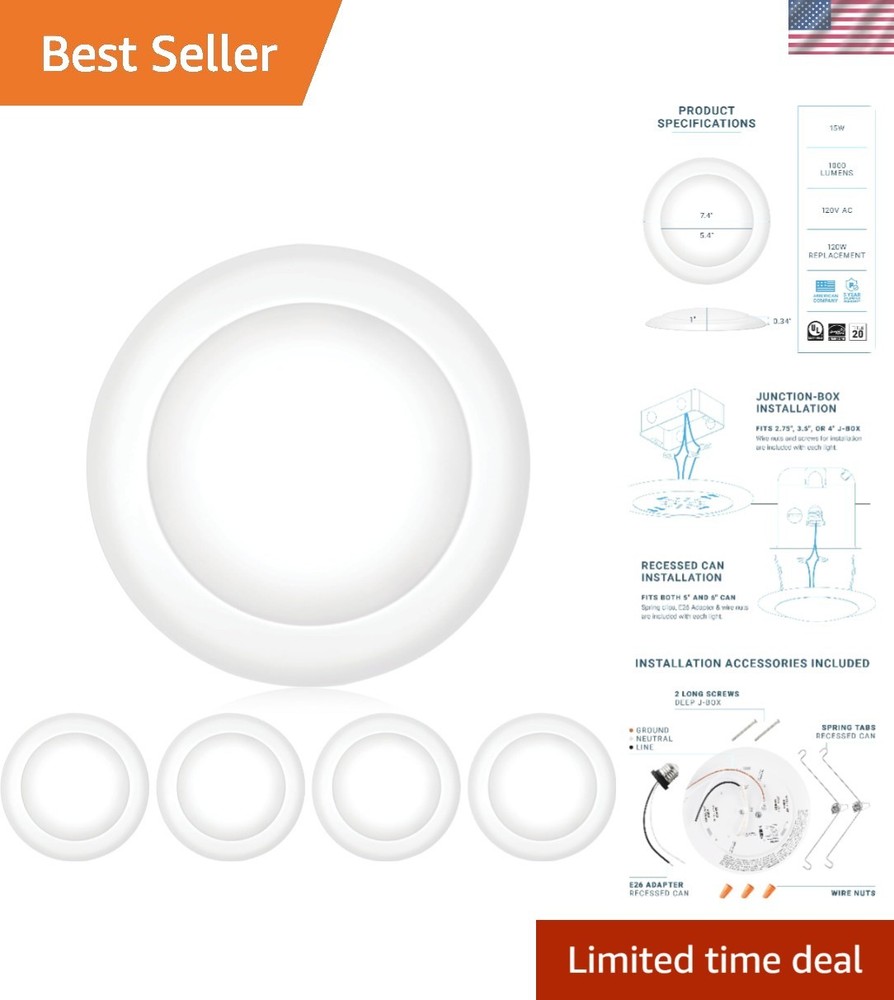 Stylish 4 Pack 15W Dimmable LED Disk Lights - Water Resistant & Easy Install