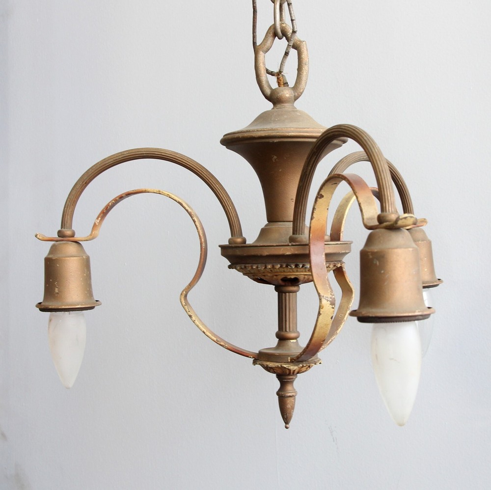 1940s Brass 3 Arm Down Light Chandelier