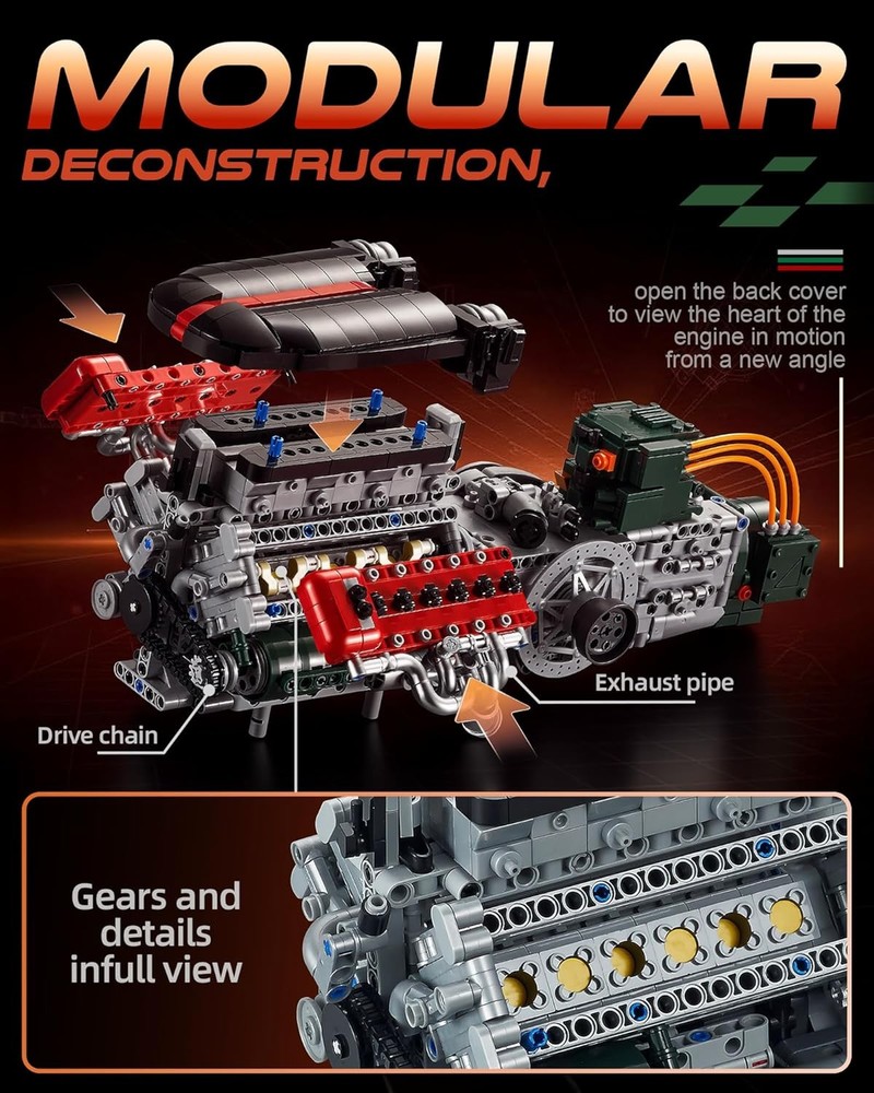 V12 Engine Model Kit That Runs, MOC Build Your Own Engineering Building Kit with