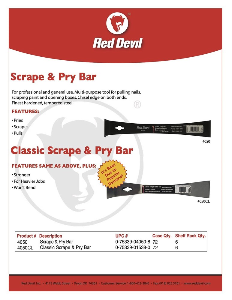 Red Devil 4050CL Classic Scrape & Pry Bar - Heavy-Duty Multi-Purpose Tool, Ha...