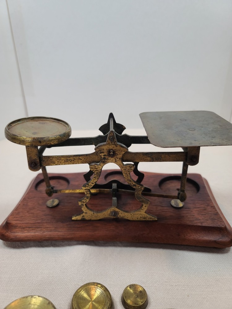 Antique Postal Scale Brass W/Walnut Base and Weights