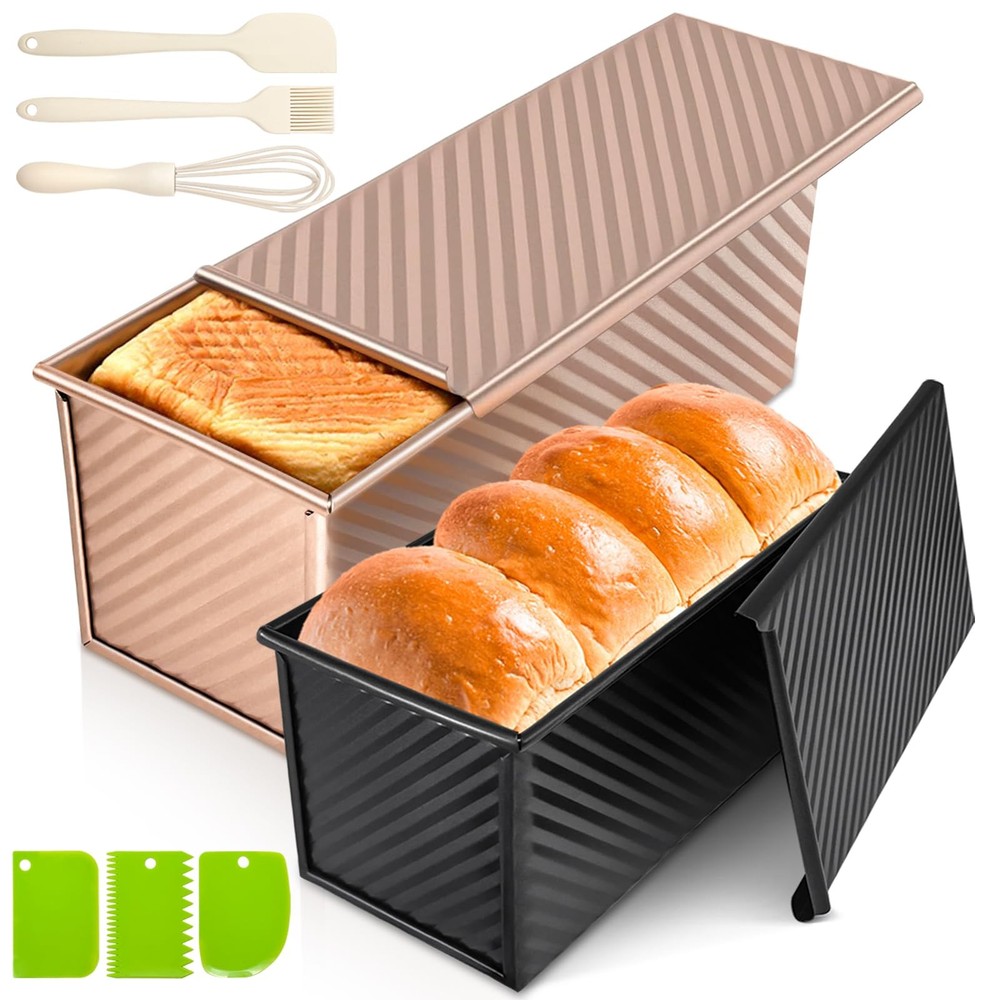 2Pack Pullman Loaf Pans with Lids – 2.2 LB & 1 LB Dough Capacity, Non-Stick C...