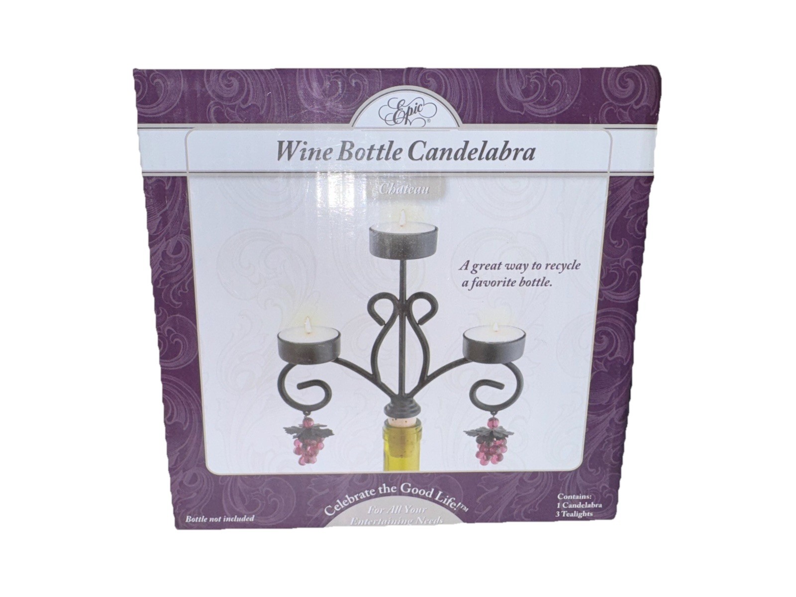 Epic Wine Bottle Candelabra Tea Lights Included Silver CHATEAU NEW Open Box