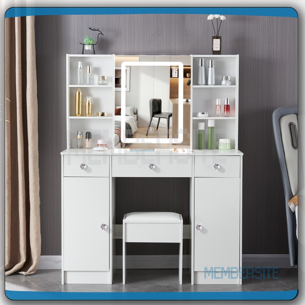 Vanity Table Makeup Dressing Desk with Smart LED Lighted Mirror and Stool White