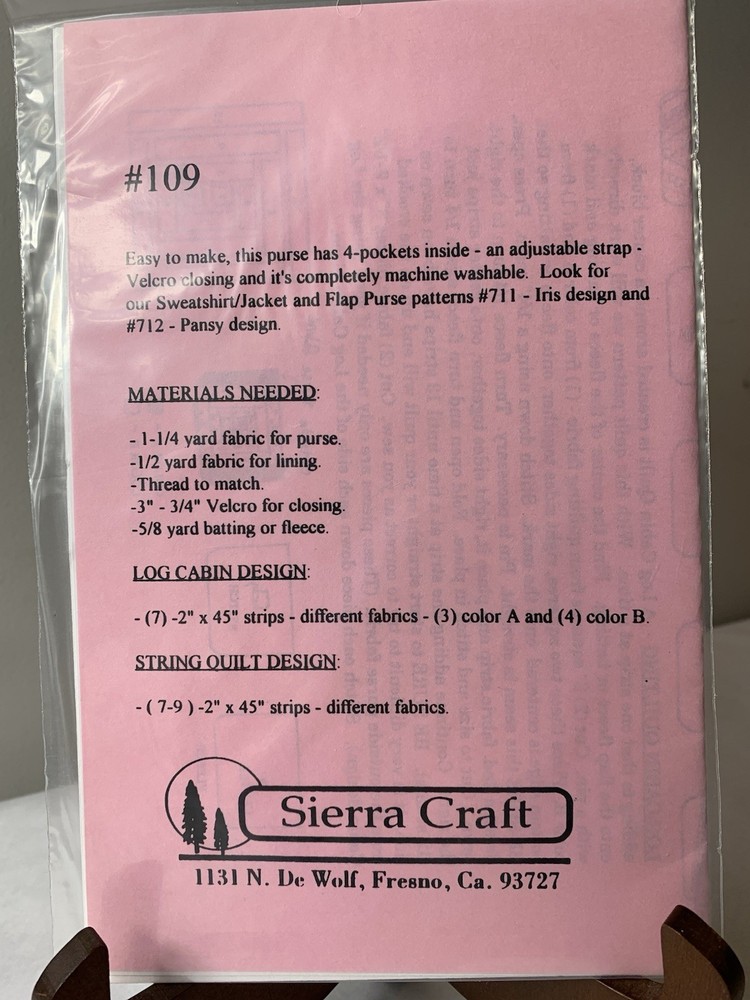Sierra Craft Sewing Pattern Flap Purse/Inside Pockets/Adjustable Strap Log Cabin