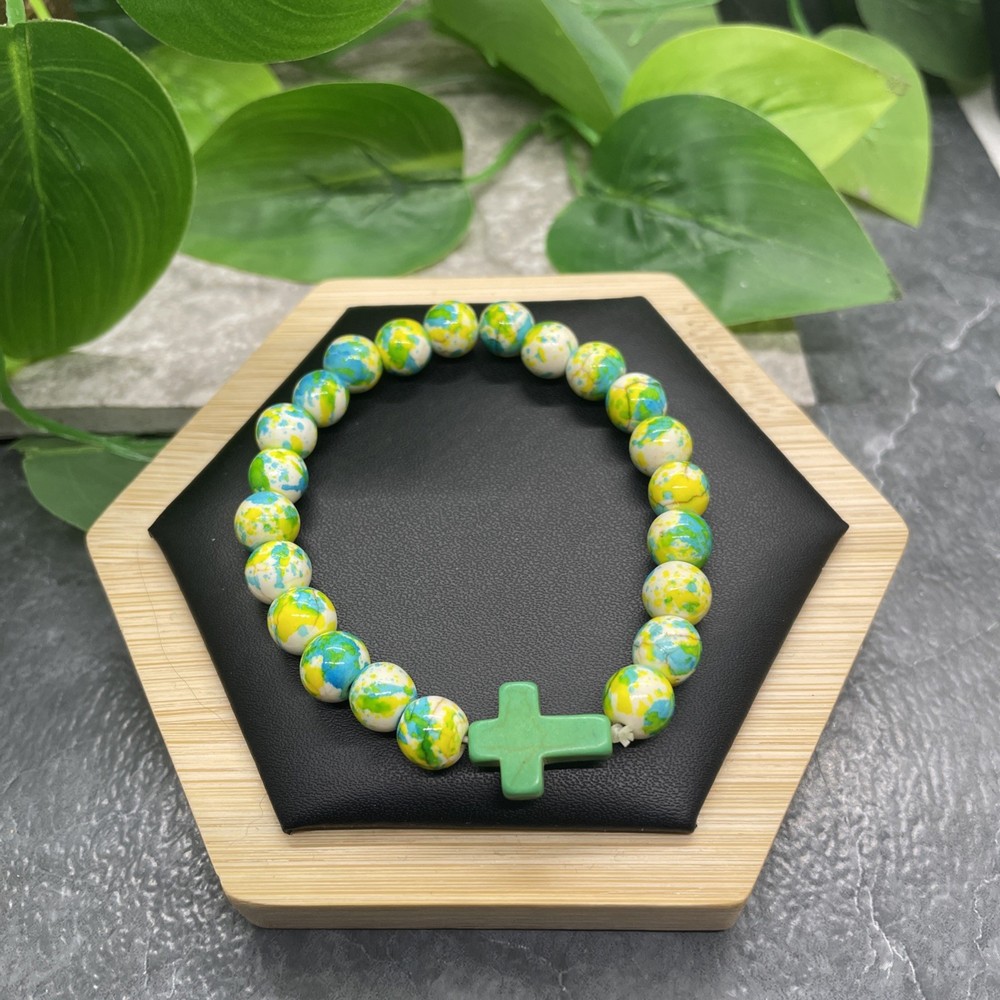 Handmade Stone Bead Stackable 6.5” Plus Stretch Bracelet Cross B8263