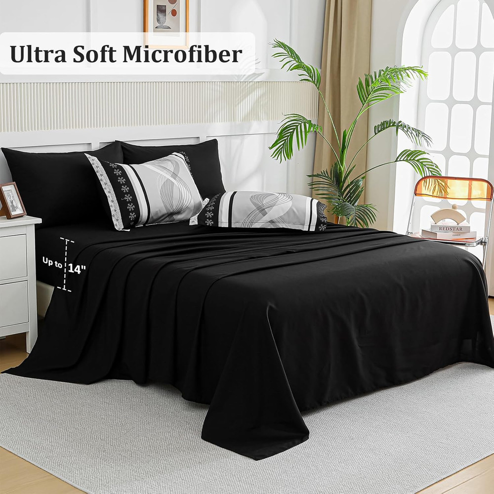 Black Comforter Set Queen Size,8 Pieces Boho Bed in a Bag Patchwork Striped Comf