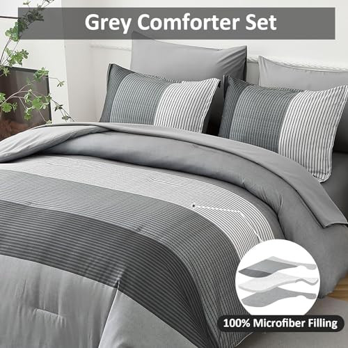 Comforter Set Reversible Striped Down Alternative Comforter for King Grey