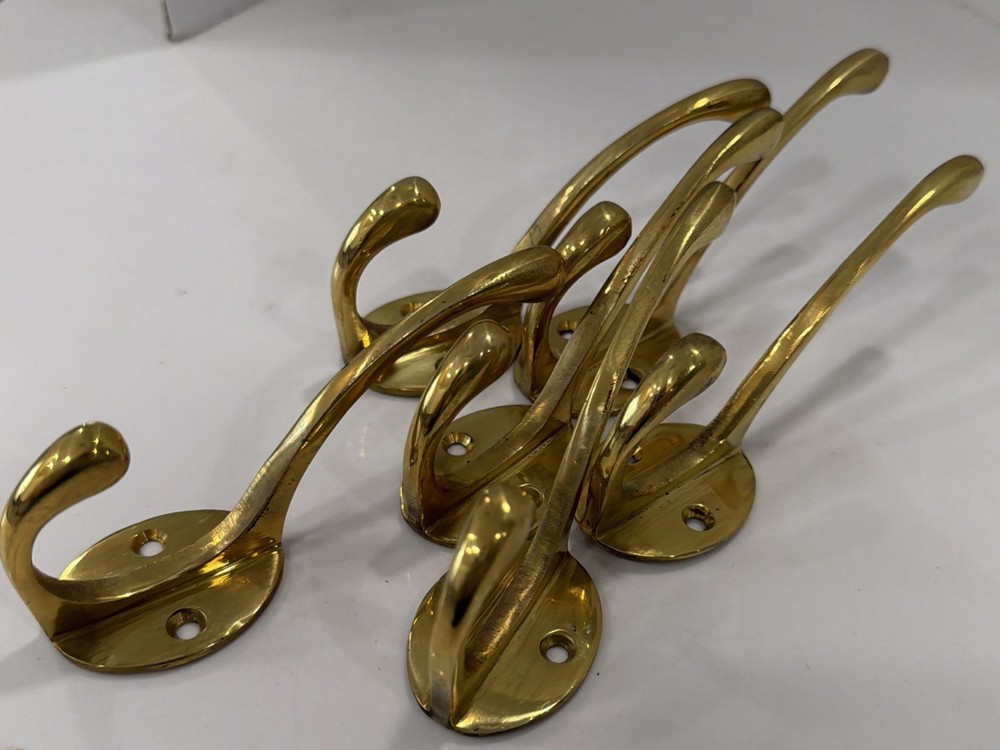 6 VTG 4”Solid Brass Wall Door Coat Kitchen Hook Rustic Old Style with 1”screws