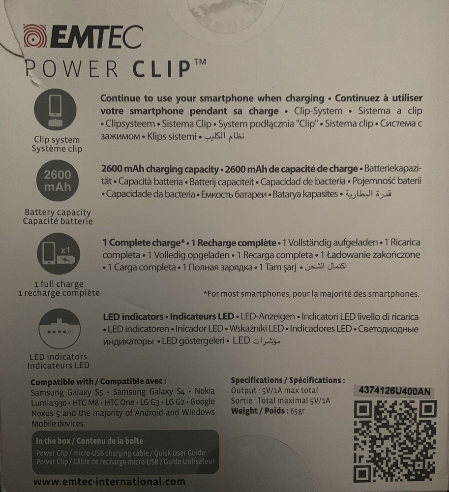 Emtec Power Clip Portable Cell Phone Charger Android/Windows Sealed Micro USB