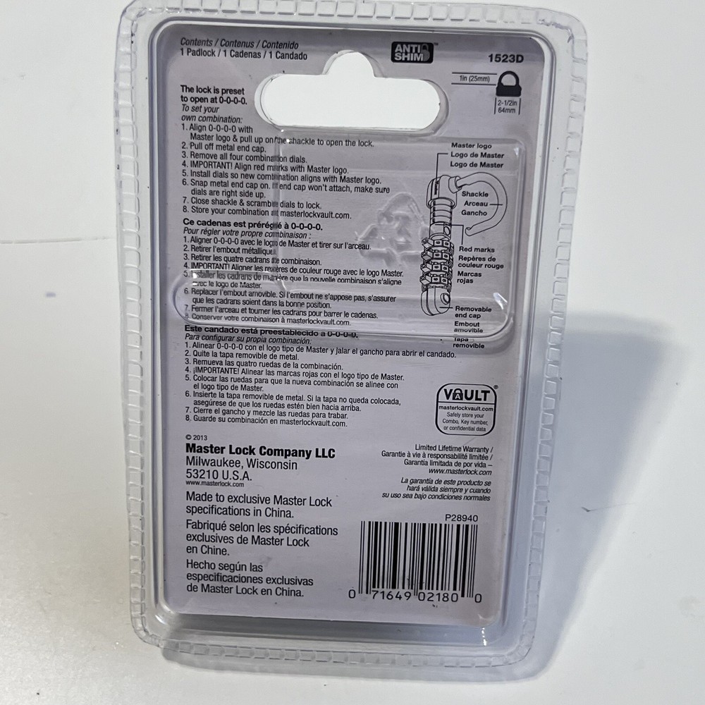 Master Lock Padlock 1523D 4-Digit Combination Number Lock - Blue