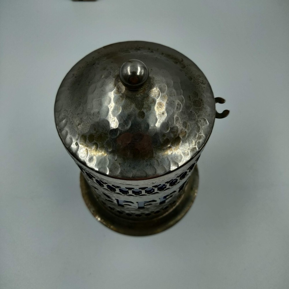 Vintage English Hammer Plated Coffee Canister with Blue Plastic Insert Kitchen