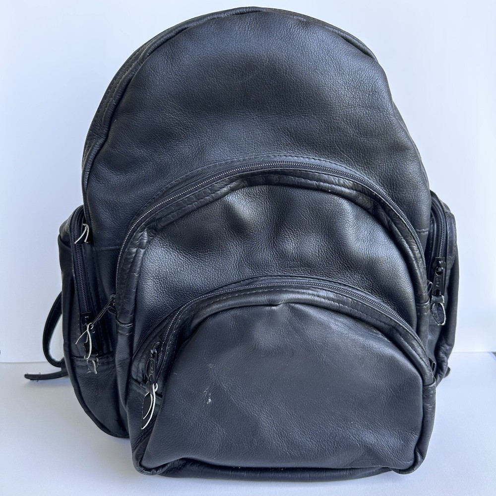 Expandable Black Leather Backpack w/Many Pockets