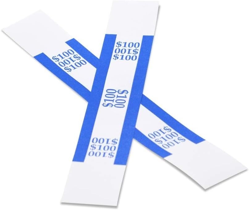 100 Pack Blue $100 Currency Straps - Self-Adhesive Bill Wrappers for Quick Sort