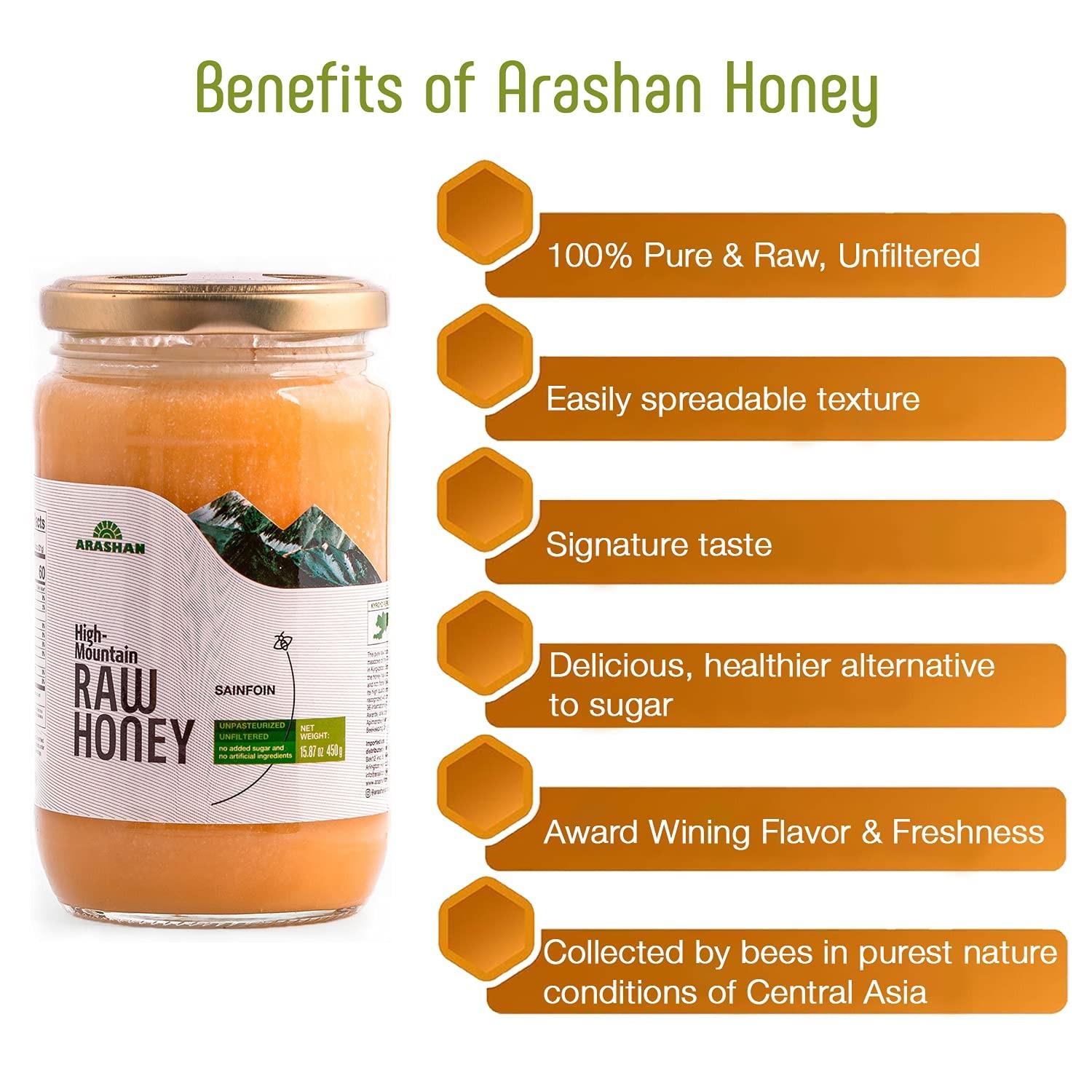 Sainfoin Raw Unfiltered Honey in Glass Jar, 15.87 Oz