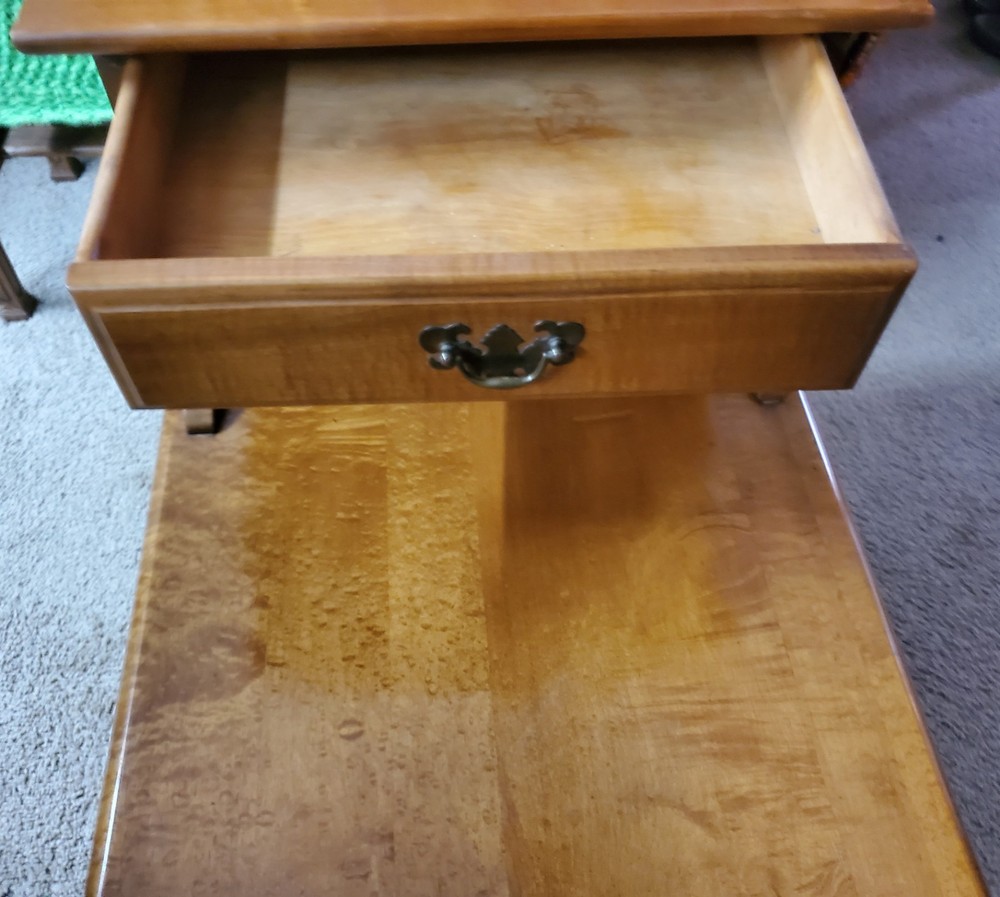 American Maple Step End Tables With A Drawer. Solid Wood, Matching Pair.
