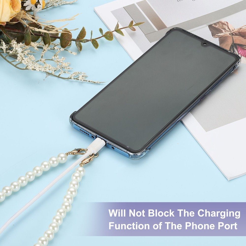 2Pcs Phone Wrist Strap 8" Cellphone Pearl Chain with Tether Tabs & Gold Clasp
