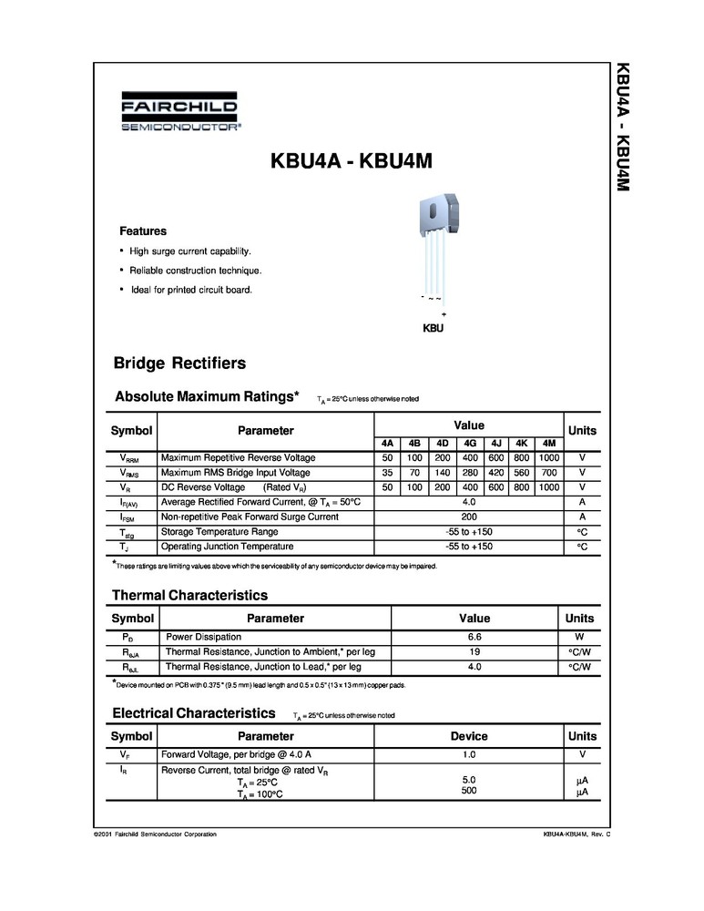 5 X 4 Amp 600 Volt Low Profile Bridge Rectifier - 600V 4A Inline Compact Diodes
