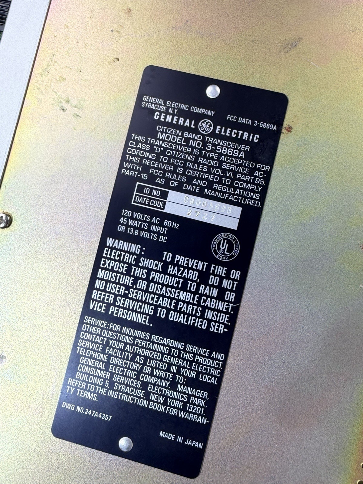 Vintage GE General Electric 3-5869a CB Radio 40 Channel PLL System EXCELLENT