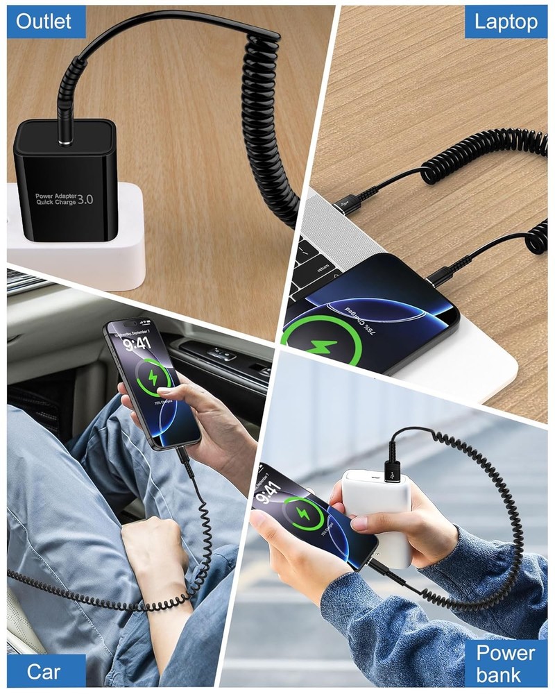 USB C Coiled Cable Fast Charging for iPhone 16e/16Pro Max/16/15 Pro...