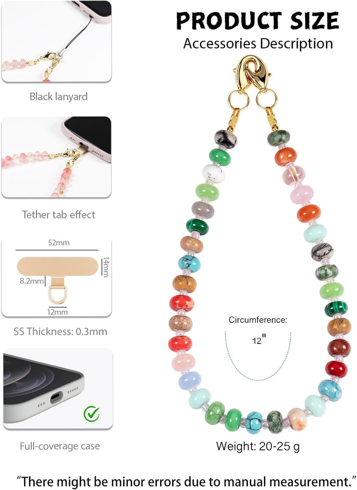 Gemstone Beaded Phone Charm Wrist Strap with Steel Cable Core Stringing, Detacha