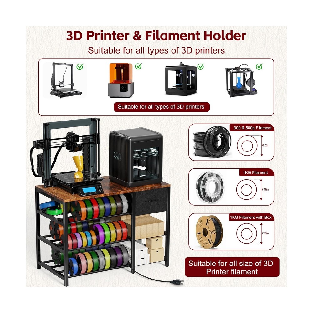 3D Printer Stand with Filament Storage Rack, 3D Printer Table with Power Outl...