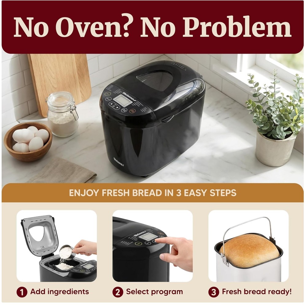 Programmable Bread Maker, 2 lb Loaf, 19 Menu Options, Black