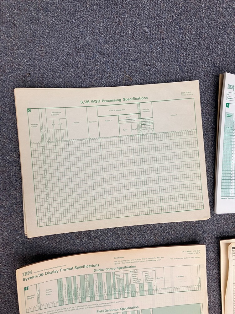 20 IBM S/36 AS/400 RPG OTHER Specifications Sheets Paper Pads Cards Coding Forms
