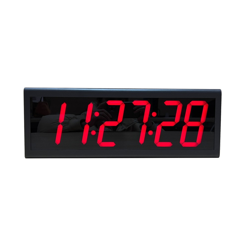Red LED Time Display Power over Ethernet Clock, Black Background, Metal Case