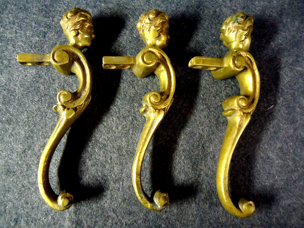 3 Antique Large Solid Brass 6" Figural Drawer or Door Pulls