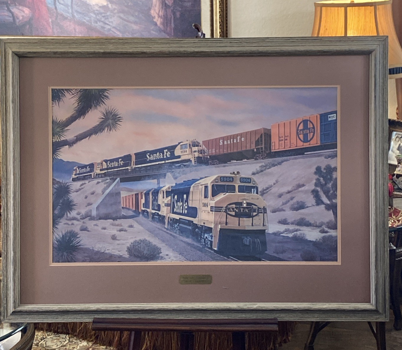 VINTAGE SANTA FE TRAINS ADVERTISEMENT LARGE FRAMED PRINT FOGG 41”x31”