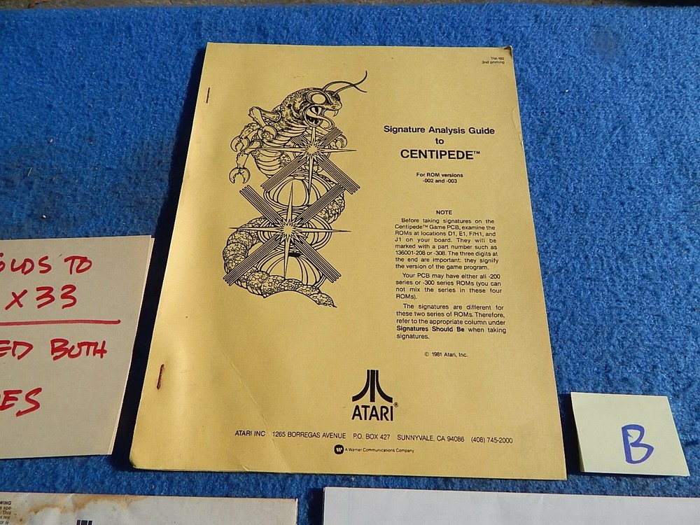 1981 Atari CENTIPEDE video game schematic package supplement to operators manual