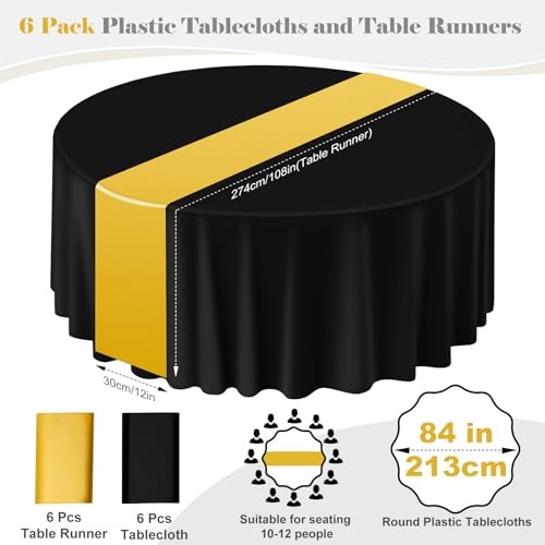 12 Pcs Round Plastic Tablecloth and Satin Table Runner, 84" Plastic Black Gold