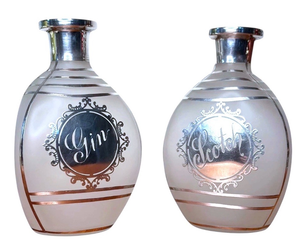 Art Deco Decanters Sterling Silver Overlay Gin Scotch Pair Pinch Bottle Barware