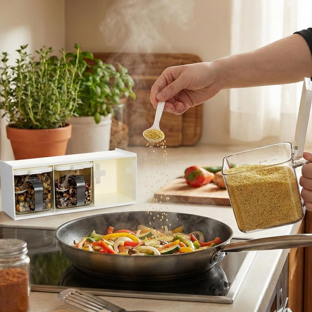 3-Grid Stackable Spice Container Set: Clear Seasoning Box with Spoons & Handle